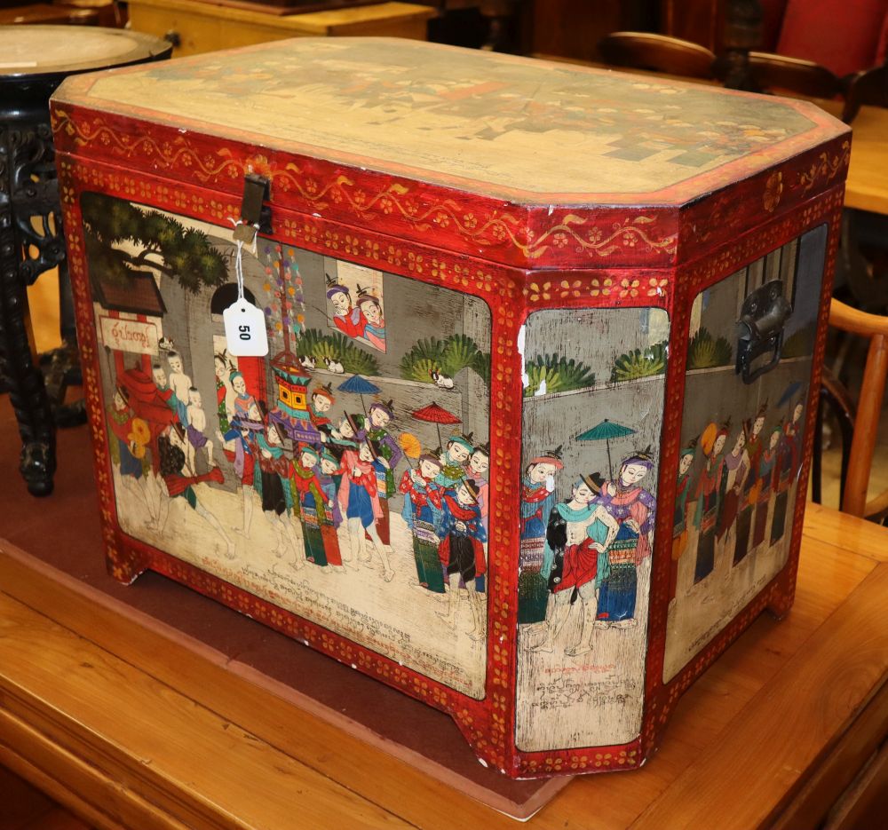 A Thai (?) painted octagonal wooden trunk, W.73cm, D.50cm, H.54cm